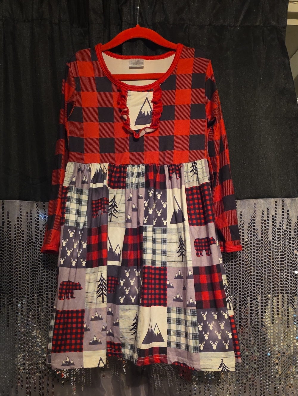 Girls Red Buffalo Plaid Patchwork Long-Sleeve Dress